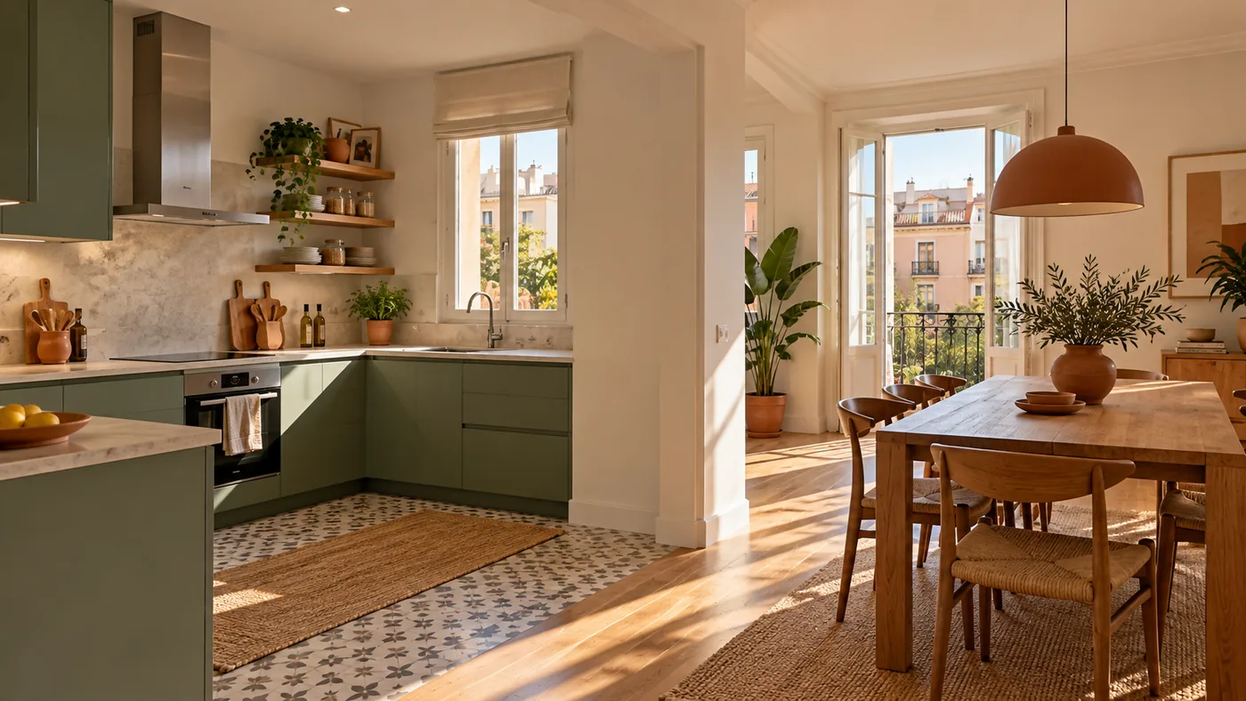 Imagen de inspiración de cocina verde abierta al comedor