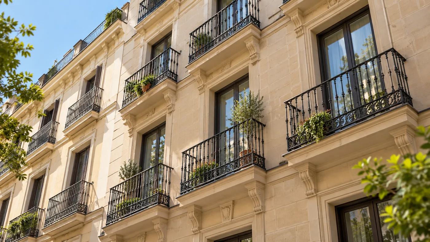 Imagen de inspiración de fachada residencial con balcones y ventanas