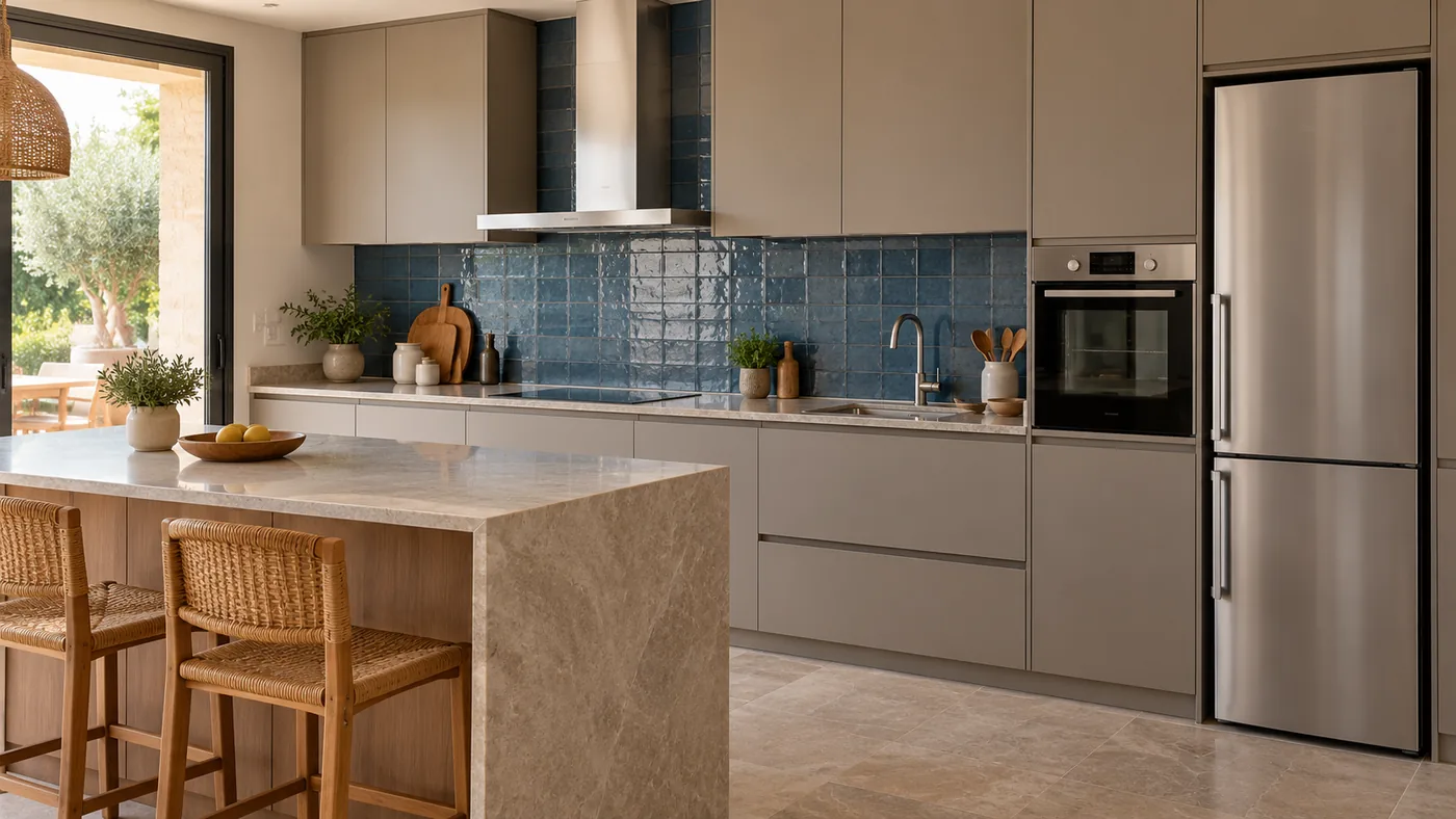 Imagen de inspiración de cocina con horno y frigorífico integrados en la distribución