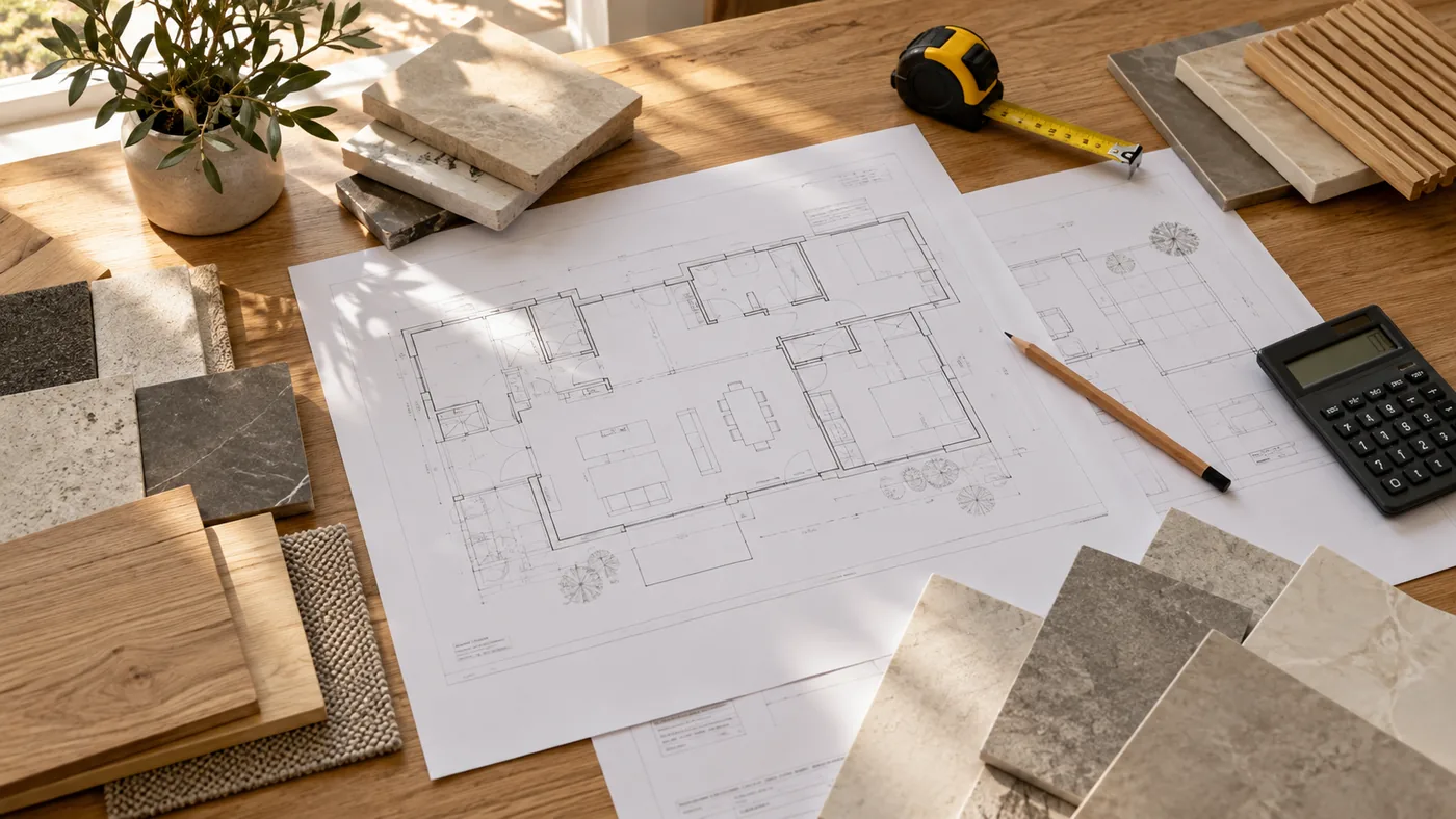 Imagen de inspiración de planos, muestras de materiales y herramientas para preparar un presupuesto