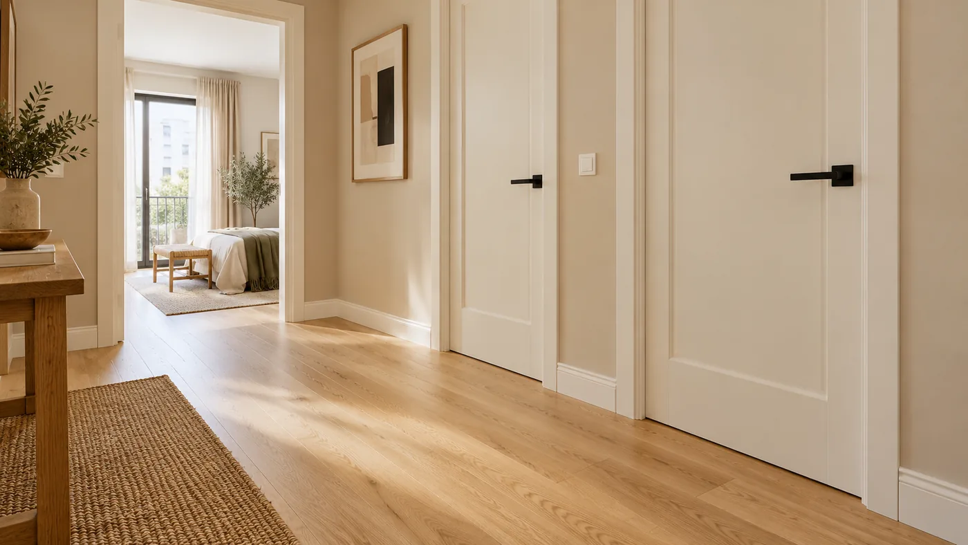 Imagen de inspiración de pasillo con suelo de madera, puertas claras y remates